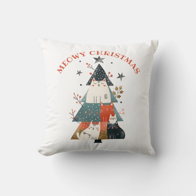Almofada Gatos De Aquarelas Árvore Xmas Fúria Feliz Natal (Frente)