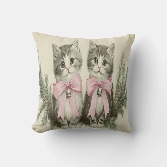Almofada Gatos de Natal Vintage com Laços Rosa (Frente)