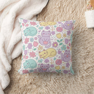 Almofada Gatos e Flores Kawaii Pastéis Decoração