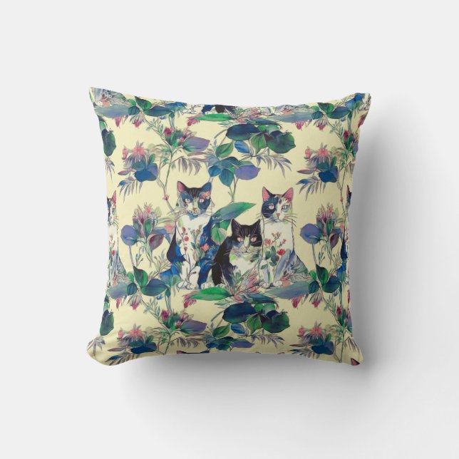 Almofada Gatos em Aquarela em um Jardim (Frente)
