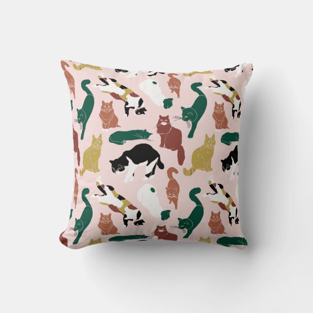 Almofada Gatos encantadores desenhados à mão em fundo rosa (Frente)