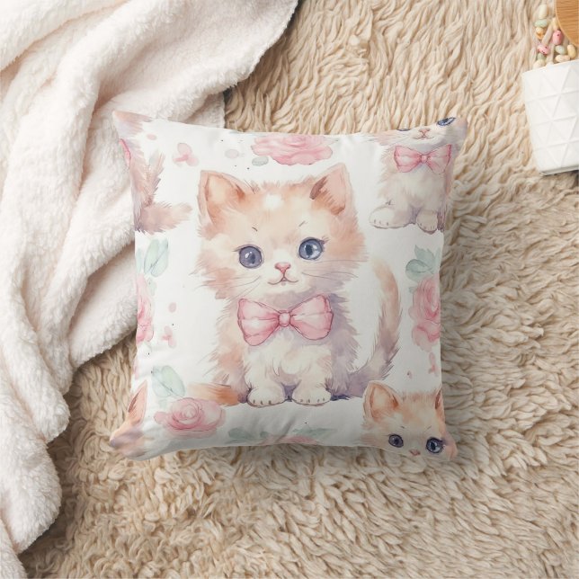 Almofada Gatos Fofos e Felpudos com Rosas Rosas (Cobertor)