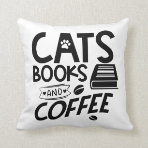 Almofada Gatos Livros Café Coffee Bookworm Lendo Gato Bonit