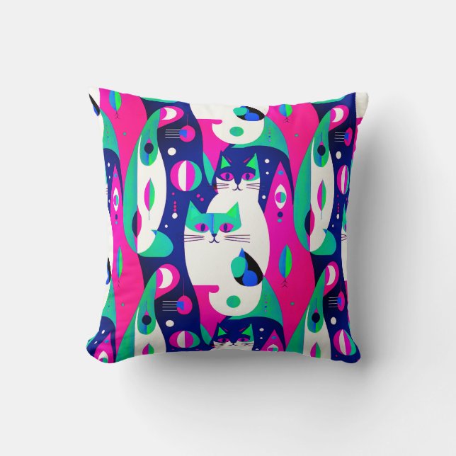 Almofada Gatos Modernos do Século médio num Fundo Azul Escu (Frente)