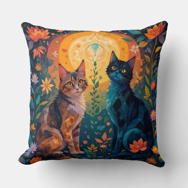 Almofada Gatos Na Natureza Cena Geométrica 🐱 (Frente)