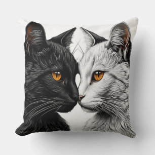 Almofada Gatos Pretos e Brancos Olhando um para o Outro