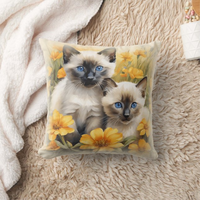 Almofada Gatos Siameses com Flores Amarelas  (Cobertor)
