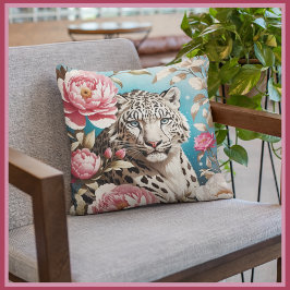 Almofada Gaze-Leopardo-Da-Neve Em Greve E Pêonias Rosa