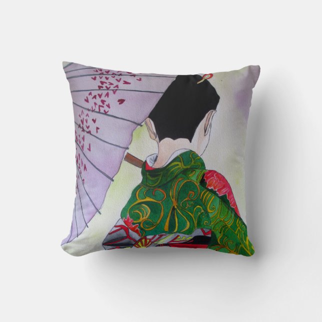 Almofada Geisha japonesa com quimono e guarda-chuva decorad (Frente)