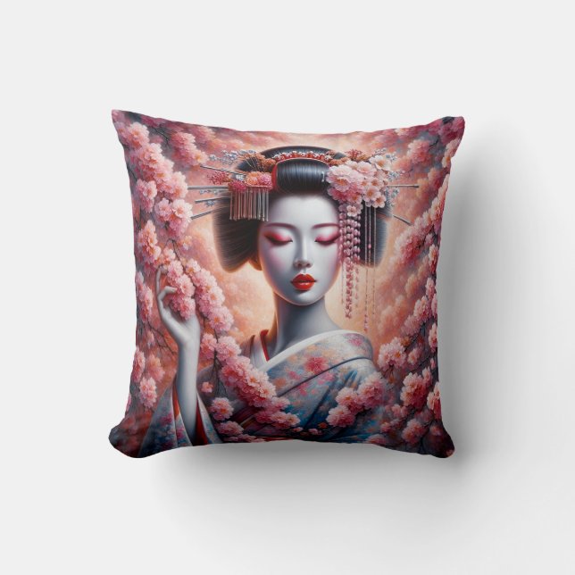 Almofada geisha oil painting with cherry blossom (Frente)