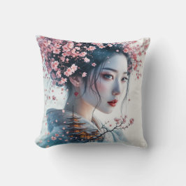 Almofada Geisha portrait, cherry blossoms, Japanese art,