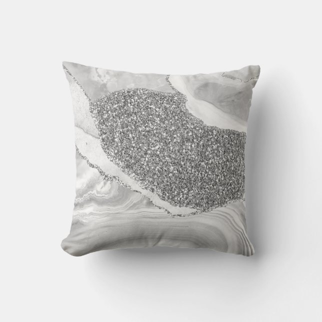 Almofada Geodo de Ágata Luxo Brilho Prata Cinza Branco (Frente)
