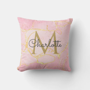 Almofada Geodo de Ágata Rosa Monograma Dourado Script Elega