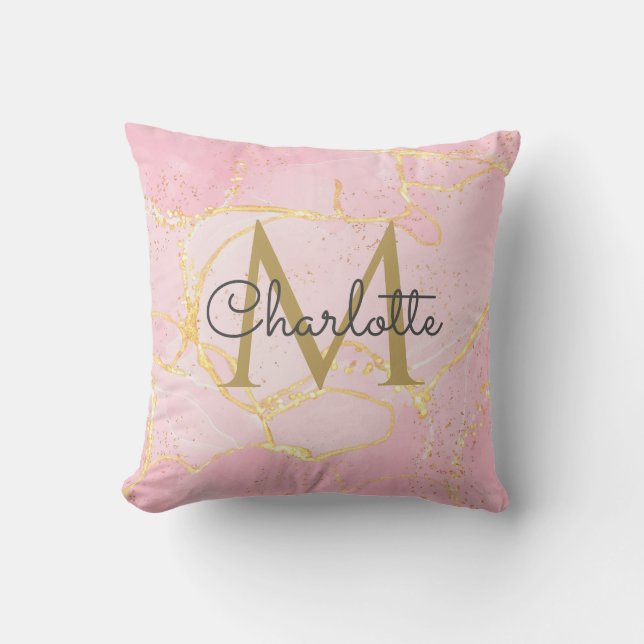 Almofada Geodo de Ágata Rosa Monograma Dourado Script Elega (Frente)