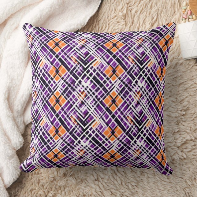 Almofada Geometric Halloween Plaid - Purple, Orange, White (Cobertor)