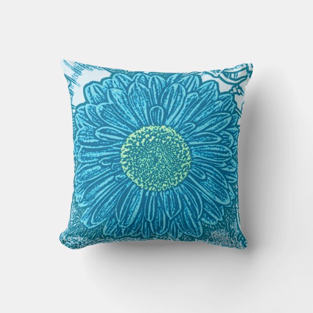 Almofada Gerbera Daisy Block Impressão - azul-ceruliano (Frente)