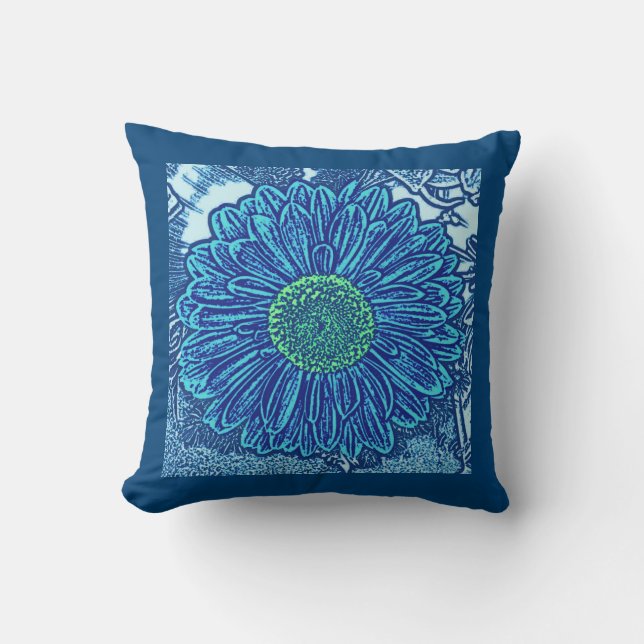 Almofada Gerbera Daisy Block Impressão, Cerulean e Indigo B (Frente)