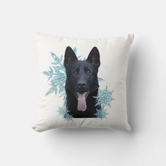 Almofada German shepherd preto nos flocos de neve (Frente)