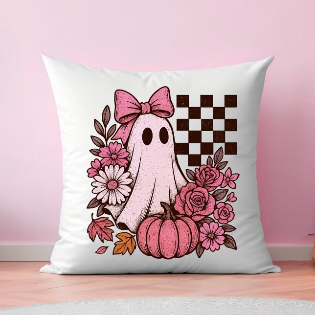 Almofada Ghost Girl retrorada cor-de-rosa com Arco Hallowee (This coquette ghost retro Halloween design combines floral sweetness with spooky spirit.)