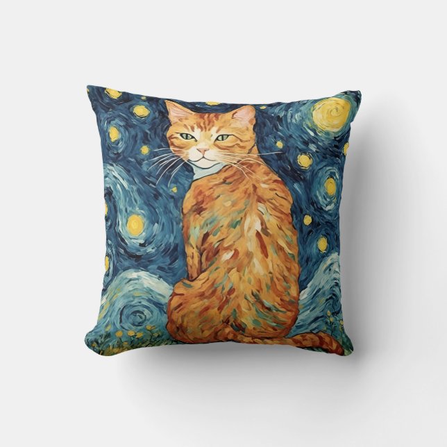 Almofada Ginger Tabby Cat na Noite Estrelada (Frente)