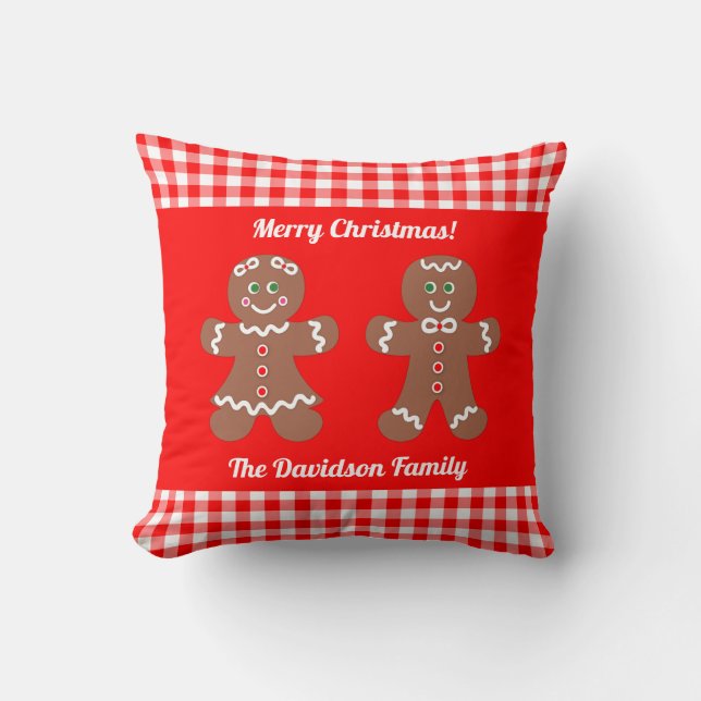 Almofada Gingerpão de Natal bonito Monograma de Gingham Ver (Frente)