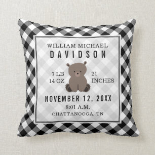 Almofada Gingham Black + White Bear Baby Boy Stats