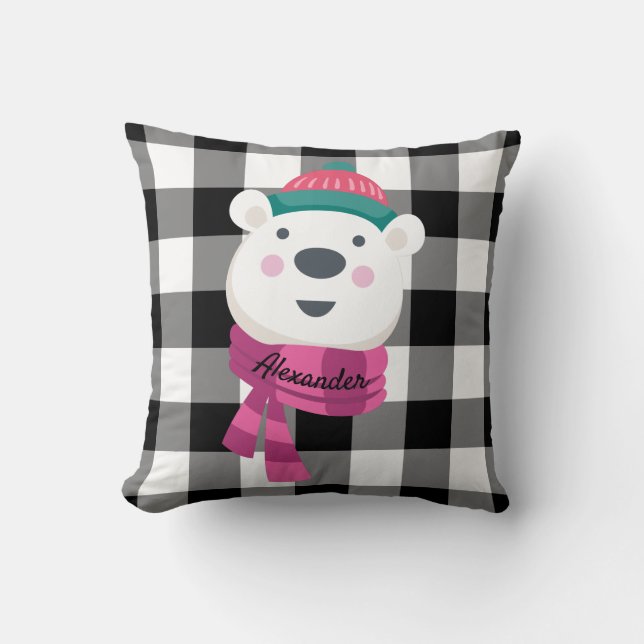 Almofada Gingham branco branco-preto do Urso Polar Branco-C (Frente)