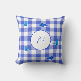 Almofada Gingham de Naval Borboleta Monograma Elegante