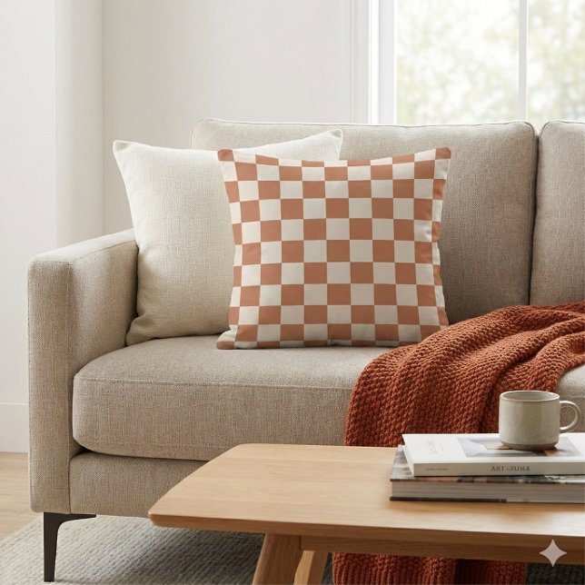 Almofada Gingham Laranja e Creme de Ferrugem Moderna (Criador carregado)