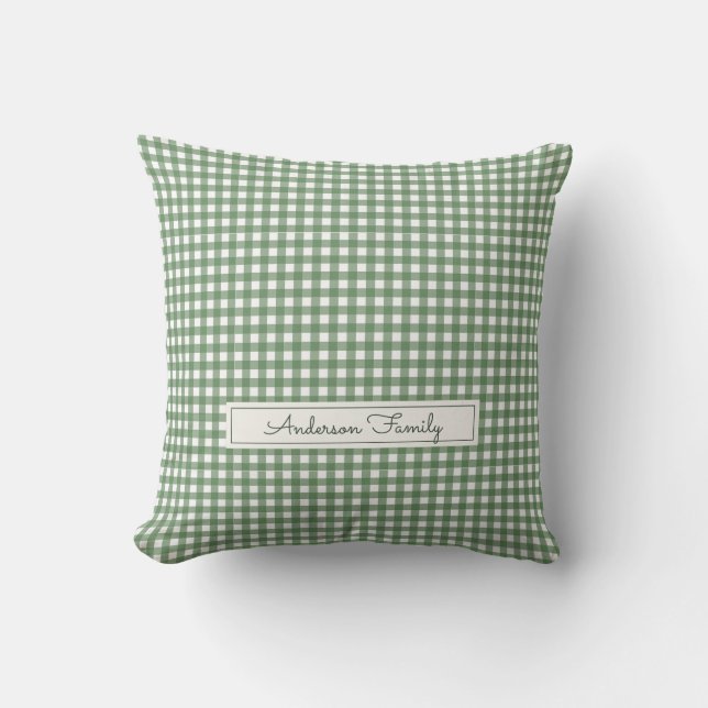 Almofada Gingham Pattern in Green with Family Name (Frente)