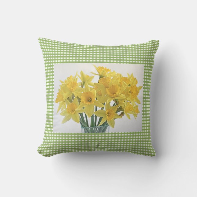 Almofada Gingham Verde com Praça Amarelo de Daffodils (Frente)