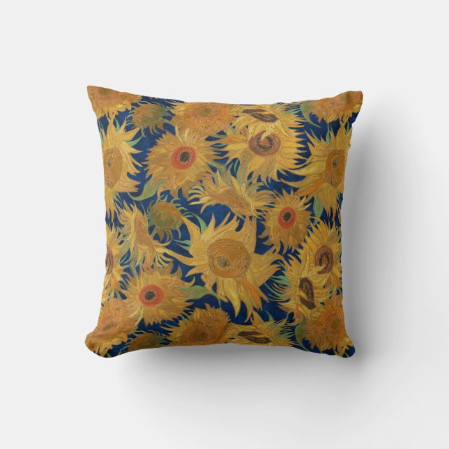 Almofada Girassóis de Vincent Van Gogh Azul Naval Amarelo (Frente)