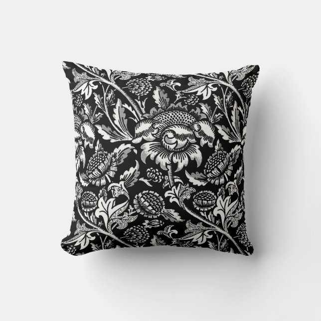 Almofada Girassóis de William Morris, preto e branco (Frente)