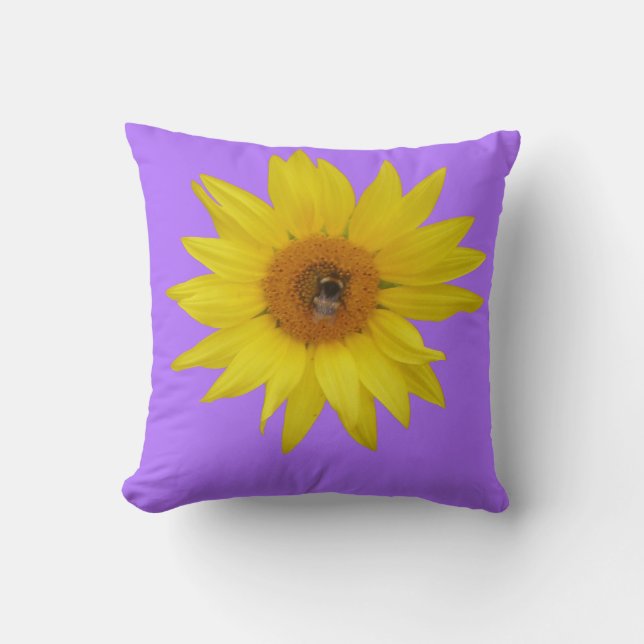 Almofada Girassol Amarelo com Abelha em Fundo Roxo (Frente)