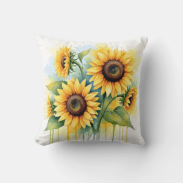 Almofada Girassol Amarelo Vibrante Aquarela com Gotejamento