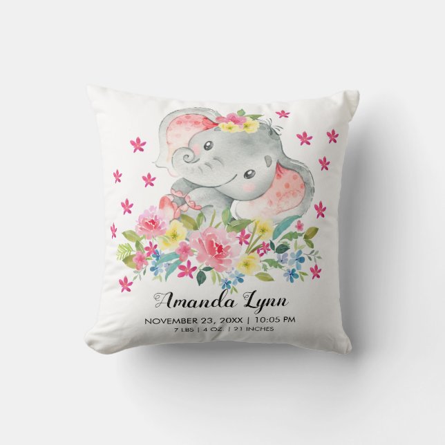 Almofada GIRL Elephant Baby Birth Stats Travesseiro (Frente)