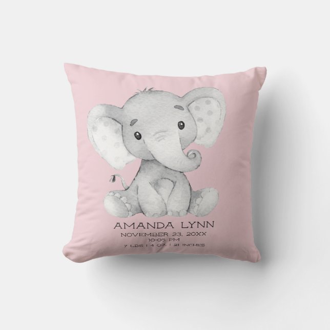 Almofada GIRL Elephant Baby Birth Stats Travesseiro (Frente)