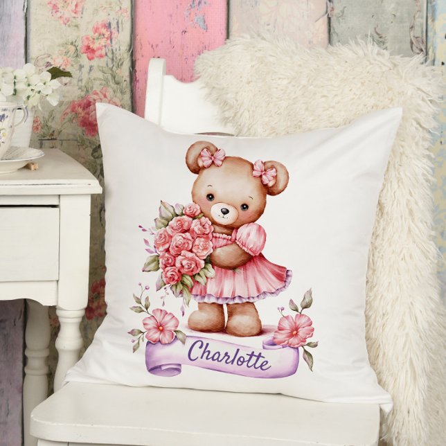 Almofada Girls Cute Nursery Throw Pillow With A Teddy Bear (Criador carregado)
