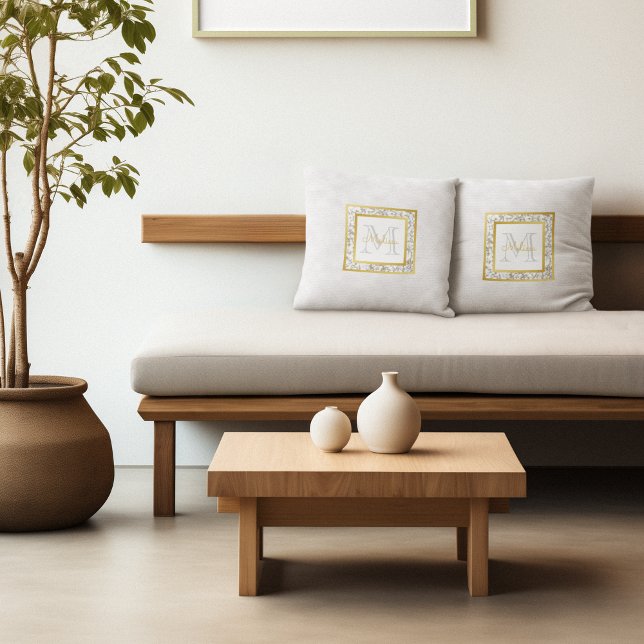 Almofada Girls Faux White Leather Marble Monograma Dourado (Criador carregado)