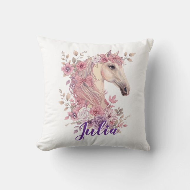 Almofada Girls Horse Pony Pastel Floral Throw Pillow (Frente)