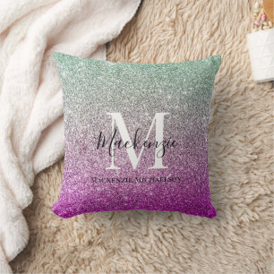 Almofada Girly Aqua Blue Pink Ombre Glitter Monograma