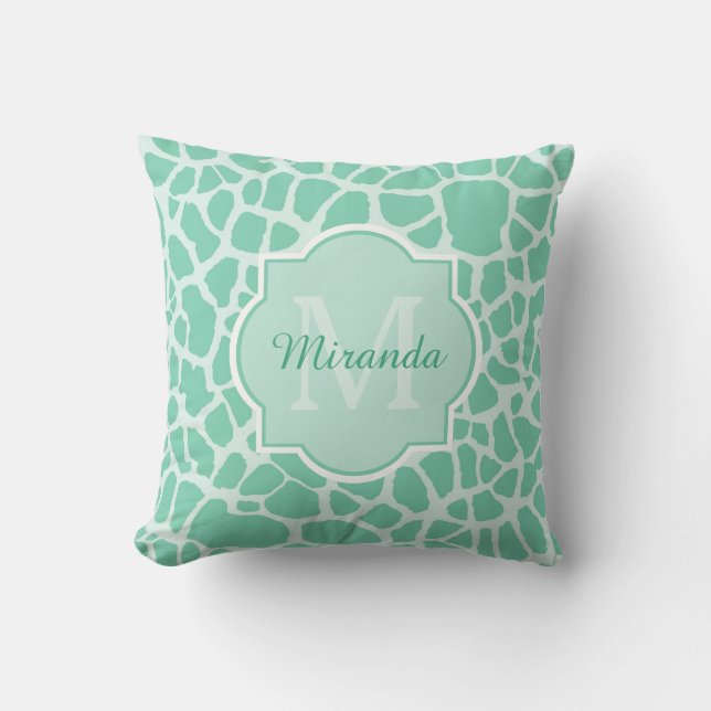 Almofada Girly Mint Green Giraffe Impressão Monograma e Nom (Frente)