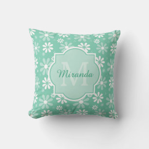 Almofada Girly Monograma Mint White Daisy Flowers Com Nome