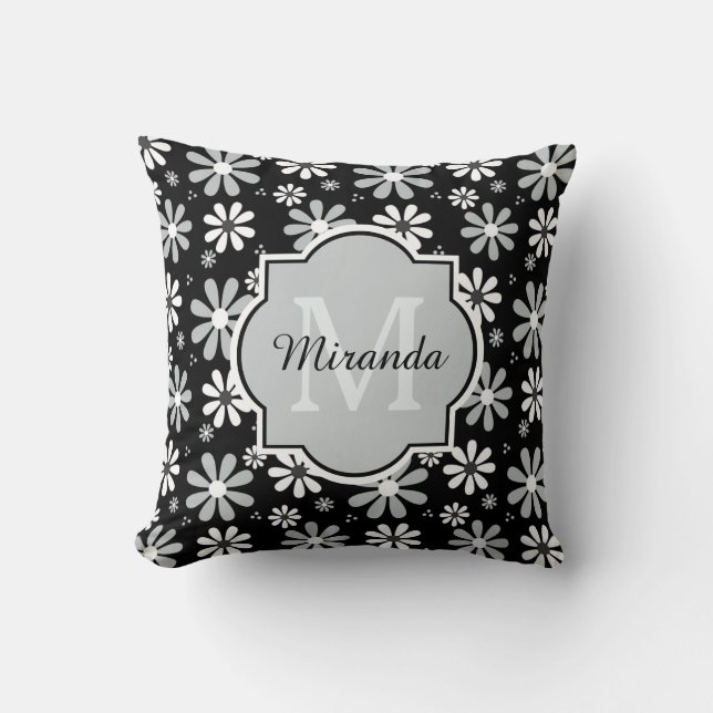 Almofada Girly Monogramas Black White Daisy Flowers Com Nom (Frente)