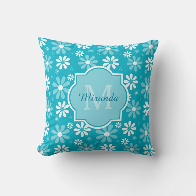 Almofada Girly Monogramas Turquoise Daisy Flowers Com Nome (Frente)