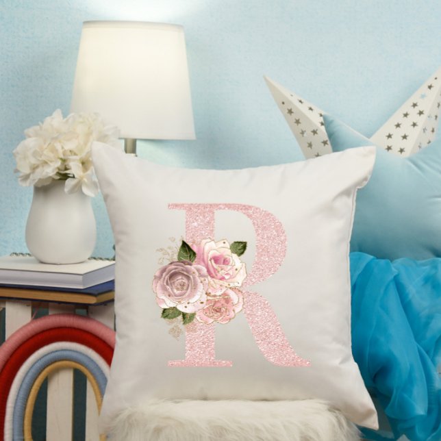 Almofada Girly Pale Rosa Dourada Glitter Floral R Monograma (Rose Gold Glitter Floral R Monogram Throw Pillow)