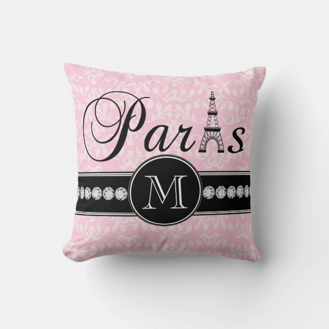 Almofada Girly Pink Damask Paris Monogrammed (Frente)