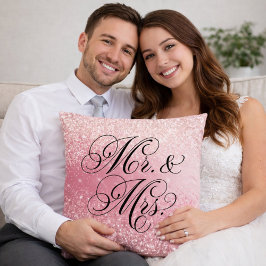 Almofada Girly Pink Glitter Ombre Mr and Mrs Throw Pillow