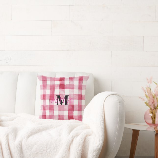 Almofada Girly Pink White Plaid Stripes Monogram  (Sofá)