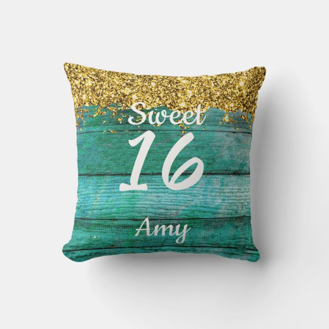 Almofada Girly Sweet 16 Turquoise Dourada Glitter Name (Frente)